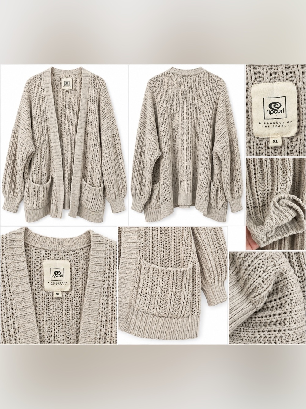 Rip Curl Chunky Knit Open Front Cardigan Sweater XL Cream